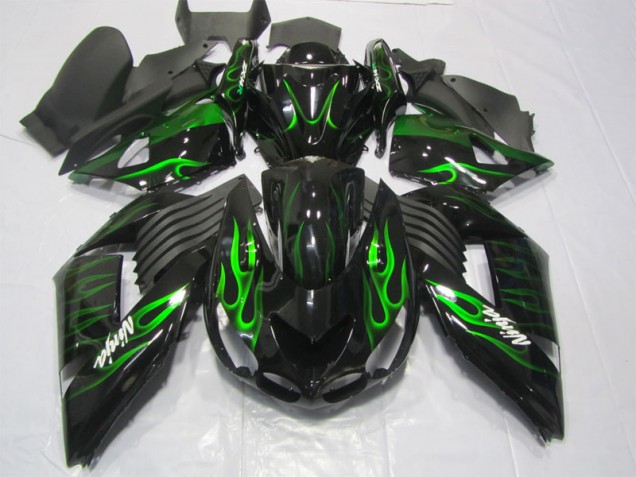 Kawasaki ZX14R ZZR 1400 2006-2011 Motorrad Verkleidungen - Schwarze Grüne Flamme Ninja