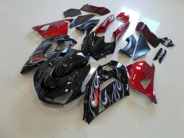 Kawasaki ZX14R ZZR 1400 2006-2011 Motorrad Verkleidungen - Schwarze und rote Silberflamme